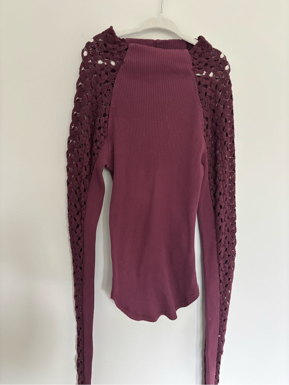 Free People Crochet-Sleeve Ribbed Long Sleeve Top - Plum XS